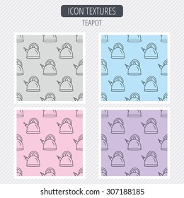 Teapot icon. Kitchen kettle sign. Hot drink appliance tool. Diagonal lines texture. Seamless patterns set. Vector