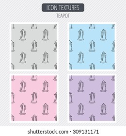 Teapot icon. Kitchen kettle sign. Hot drink appliance tool. Diagonal lines texture. Seamless patterns set. Vector