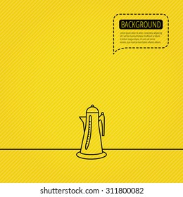 Teapot icon. Kitchen kettle sign. Hot drink appliance tool. Speech bubble of dotted line. Orange background. Vector