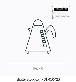 Teapot icon. Kitchen kettle sign. Hot drink appliance tool. Linear outline icon. Speech bubble of dotted line. Vector