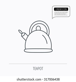 Teapot icon. Kitchen kettle sign. Hot drink appliance tool. Linear outline icon. Speech bubble of dotted line. Vector