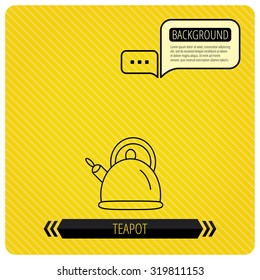 Teapot icon. Kitchen kettle sign. Hot drink appliance tool. Chat speech bubbles. Orange line background. Vector.