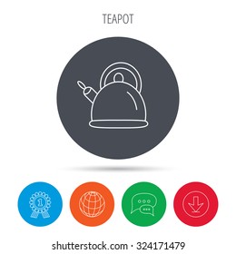 Teapot icon. Kitchen kettle sign. Hot drink appliance tool. Globe, download and speech bubble buttons. Winner award symbol. Vector