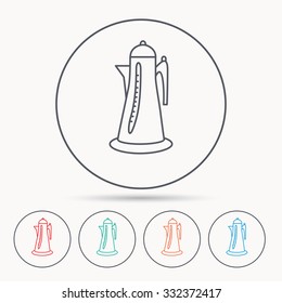 Teapot icon. Kitchen kettle sign. Hot drink appliance tool. Linear circle icons.