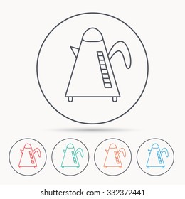 Teapot icon. Kitchen kettle sign. Hot drink appliance tool. Linear circle icons.