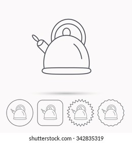 Teapot icon. Kitchen kettle sign. Hot drink appliance tool. Linear circle, square and star buttons with icons.
