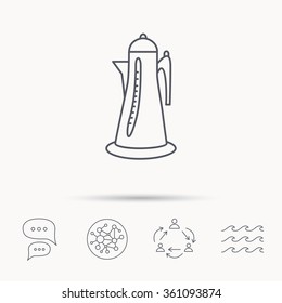 Teapot icon. Kitchen kettle sign. Hot drink appliance tool. Global connect network, ocean wave and chat dialog icons. Teamwork symbol.