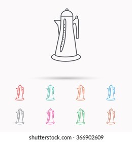 Teapot icon. Kitchen kettle sign. Hot drink appliance tool. Linear icons on white background.