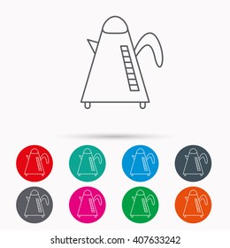Teapot icon. Kitchen kettle sign. Hot drink appliance tool. Linear icons in circles on white background.