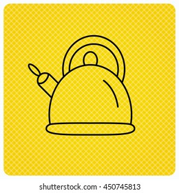 Teapot icon. Kitchen kettle sign. Hot drink appliance tool. Linear icon on orange background. Vector