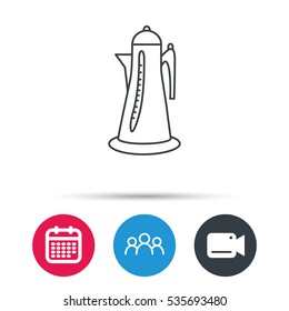 Teapot icon. Kitchen kettle sign. Hot drink appliance tool. Group of people, video cam and calendar icons. Vector