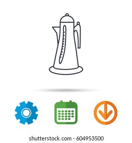 Teapot icon. Kitchen kettle sign. Hot drink appliance tool. Calendar, cogwheel and download arrow signs. Colored flat web icons. Vector