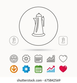 Teapot icon. Kitchen kettle sign. Hot drink appliance tool. Calendar, Graph chart and Cogwheel signs. Download and Heart love linear web icons. Vector