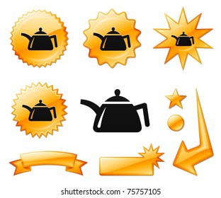 Teapot Icon on Orange Burst Banners and Medals Original Vector Illustration