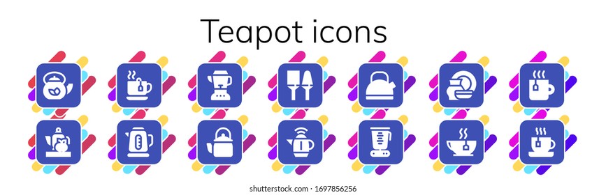 teapot icon set. 14 filled teapot icons.  Simple modern icons such as: Teapot, Tea, Kettle, Blender, Utensils, Porcelain