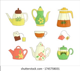 Juego de iconos de la tetera. Ilustración vectorial del recipiente de té brillante. Baldosas de color aisladas de fondo blanco. Recogida de equipos de cocina de estilo Doodle