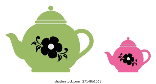 Teapot icon set, colourful flat sign for mobile concept and web design. Traditional tea kettle icons, hot drink design, cooking pot concept. Vector illustration.