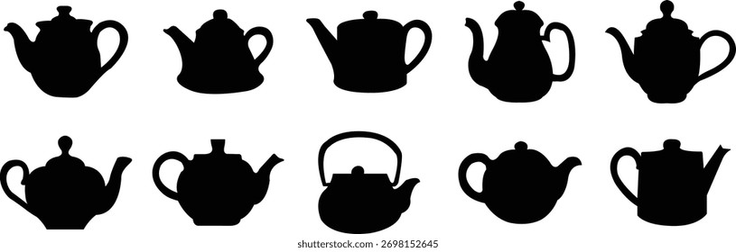 Ícone de bule definido em estilos simples. Caldeiras de chá antigas e modernas, projetos clássicos e contemporâneos, ilustração de vetores para menu café, decoração de cozinha, marca de restaurante e embalagem de bebidas.