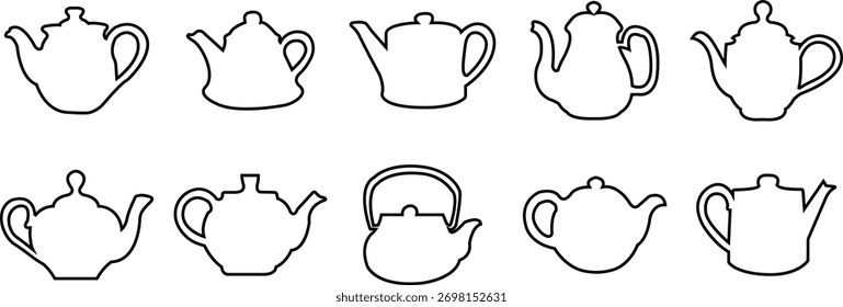 Ícone de bule definido em estilos de estrutura de tópicos. Caldeiras de chá antigas e modernas, projetos clássicos e contemporâneos, ilustração de vetores para menu café, decoração de cozinha, marca de restaurante e embalagem de bebidas.