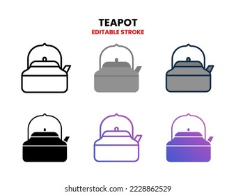 Juego de iconos de tetera línea vectorial, contorno, glifo, línea rellena, color plano, gradiente de línea y gradiente plano. Actrazo editable y píxel perfecto. Se puede usar para productos digitales, presentación, interfaz de usuario y muchos más.