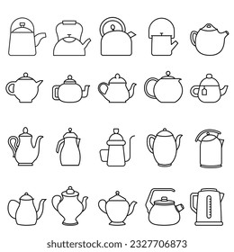 Juego de vectores de iconos de Tetera. Colección de signos de ilustración de Kettle. Símbolo de té. Logo de Teakettle. Marca de bebida caliente.