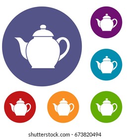 Teapot icons set in flat circle reb, blue and green color for web