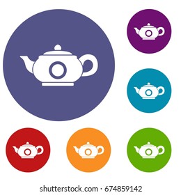 Teapot icons set in flat circle reb, blue and green color for web