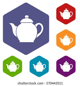 Teapot icons set rhombus in different colors isolated on white background