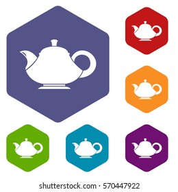 Teapot icons set rhombus in different colors isolated on white background