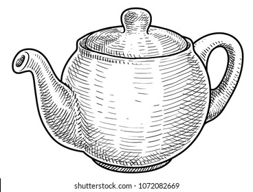 Teapot illustration, drawing, engraving, ink, line art, vector