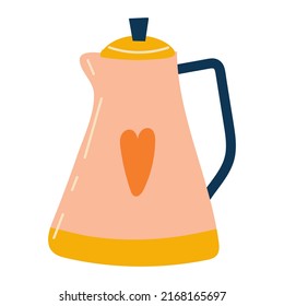 teapot isolated object on white background. Cookware with lid and handle. Design element for invitations to tea parties, advertisements for drinks, coffee shops. Vector illustration, hand drawn