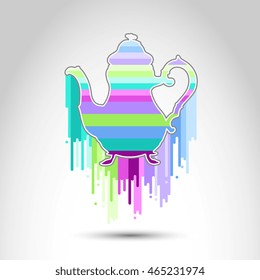 Teapot isolated on abstract background and multicolor dripping paint. Vector illustration / logo / label / tattoo