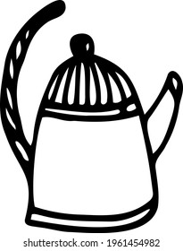 The teapot is isolated on a white background. Vector black and white illustration. Tea party, tea, hot drink, coffee. Clipart, template, sketch, icon, logo.