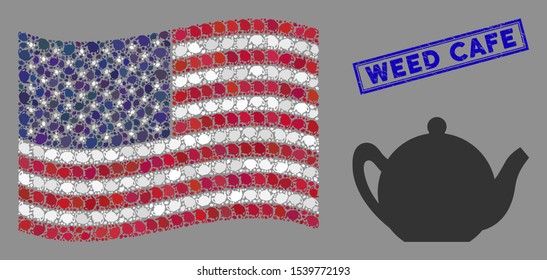 Teapot items are grouped into American flag collage with blue rectangle grunge stamp watermark of Weed Cafe caption. Vector collage of American waving official flag is combined of teapot items.