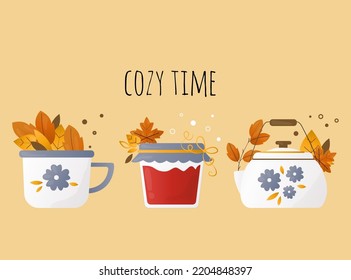 a teapot and a jar of jam. cozy autumn set