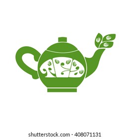 Teapot. Jasmine Green tea room logo. Organic hot drink label design. Green tea leaves isolated. Jasmine flower. Herbal Tea room emblem isolated concept. Vector illustration 