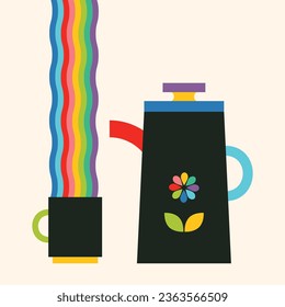 Teapot or kettle, cup of drink. Coffee or tea. Rainbow colours smoke float up. Vector Illustration. Flat trendy abstract style. Peace love free concept. Decorative design for posters, banners, cards.