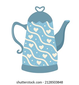 Teapot or kettle. Decorative kitchen tool, household utensil. Ceramic drinkware or glassware for tea ceremony. Vector illustration.