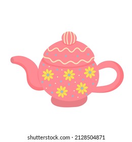 Teapot or kettle. Decorative kitchen tool, household utensil. Ceramic drinkware or glassware for tea ceremony. Vector illustration.