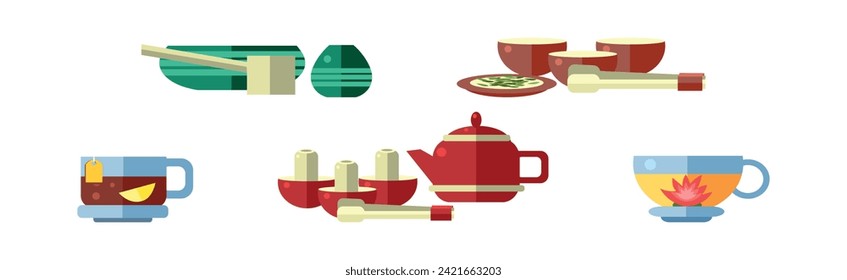 Teapot and Kettle with Hot Aromatic Tea Brewing Vector Set