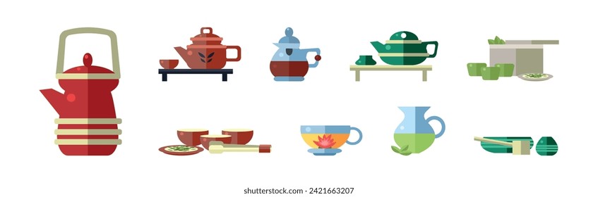 Teapot and Kettle with Hot Aromatic Tea Brewing Vector Set