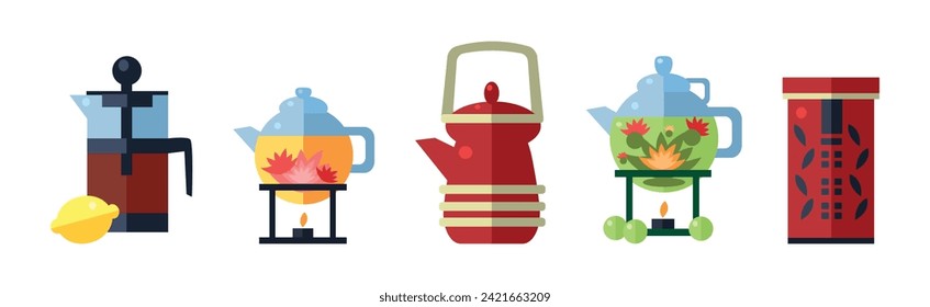 Teapot and Kettle with Hot Aromatic Tea Brewing Vector Set