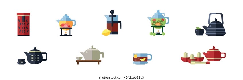 Teapot and Kettle with Hot Aromatic Tea Brewing Vector Set