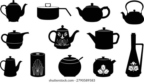 Teapot kettle silhouette collection in simple black kitchenware flat design
