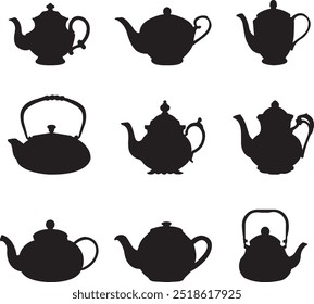 teapot and kettle silhouettes. Vector kitchen crockery, black coffee or tea pots for hot drinks or beverages. Isolated set of retro tableware, handmade pottery or vintage household utensils