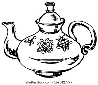 Dibujo tetero grabado ilustración vectorial. Esbozo a mano libre. Ilustración de arte en línea blanca y negra. Vector para el logotipo de diseño, menú, café, restaurante, café y té EPS 8