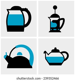 teapot and kettle vector icons set on gray