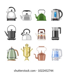 Teapot and kettle vector teakettle or samovar to drink tea on teatime and boiled coffee beverage in electric boiler in kitchen illustration kitchenware set isolated on white background