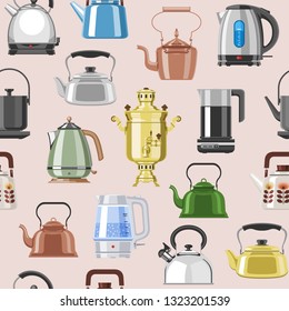 Teapot and kettle vector teakettle or samovar to drink tea on teatime and boiled coffee beverage in electric boiler in kitchen illustration kitchenware set isolated on background