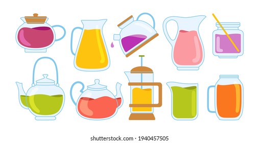 Teapot and kettles cold tea or cocktails cartoon set. Tea time teapot dishes jar with drinks. Summer hand drawn glassware jar kitchen tools. Flat outline kitchenware, design trendy vector illustration